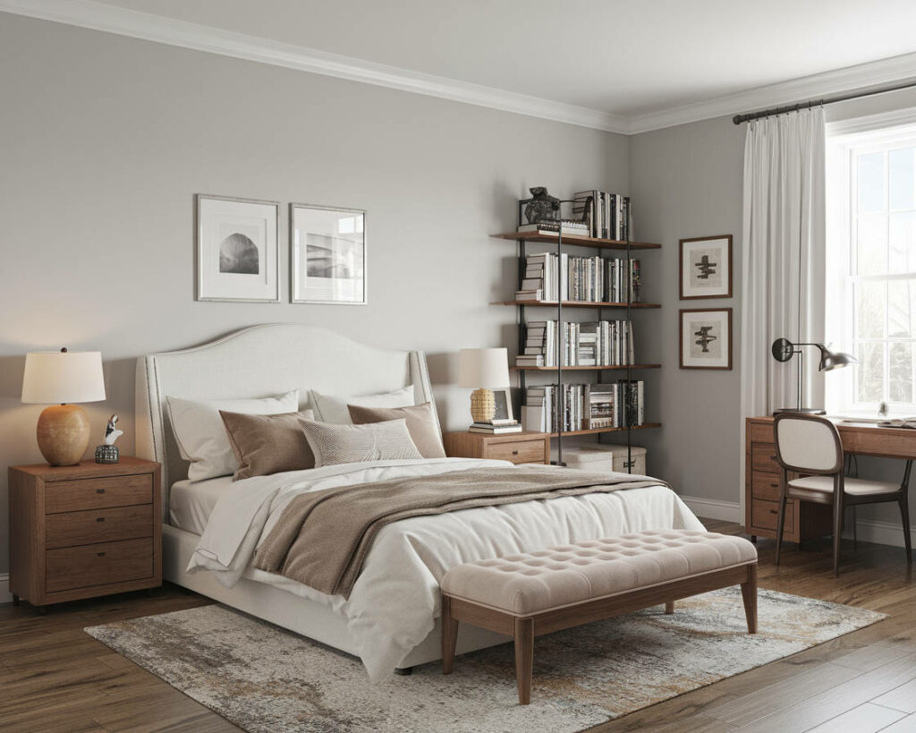 6. Classic Neutral Workspace Bedroom