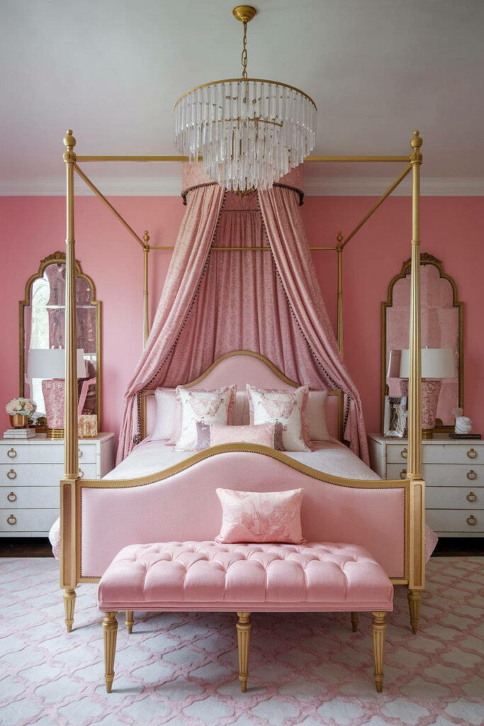 1. Pink and Gold Theme Boudoir Bedroom Design Ideas