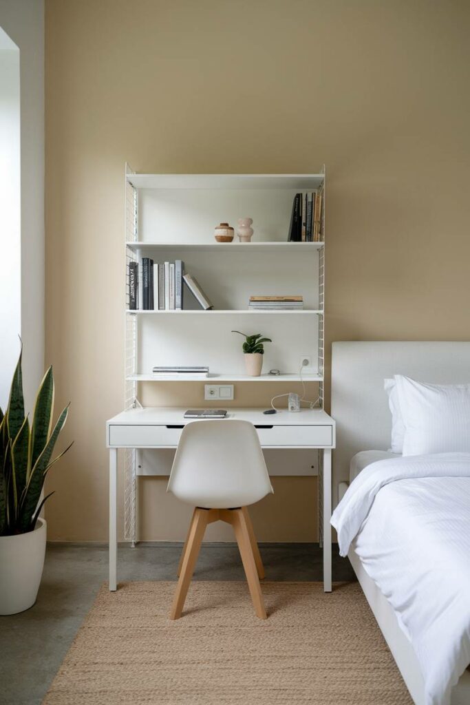10. Beige and White Study Minimalist Bedroom