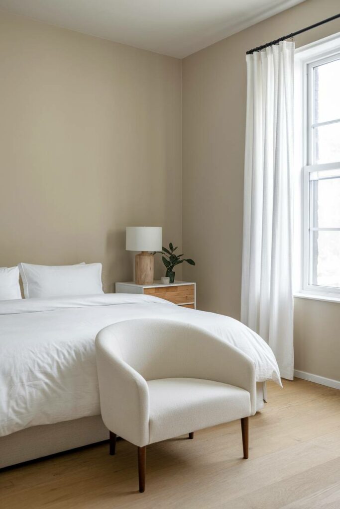 15. Beige Walls with Chair Minimalist Bedroom
