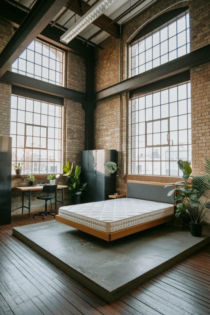 18. Wood Flooring with Potted Plants Industrial Bedroom
