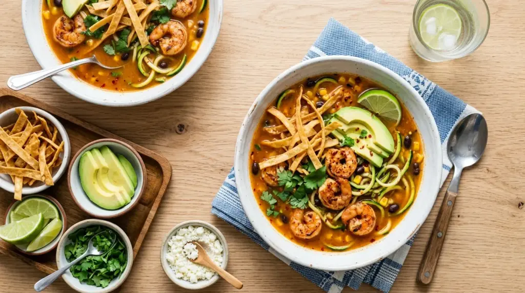 Spicy Shrimp Tortilla Soup with Zucchini Noodles