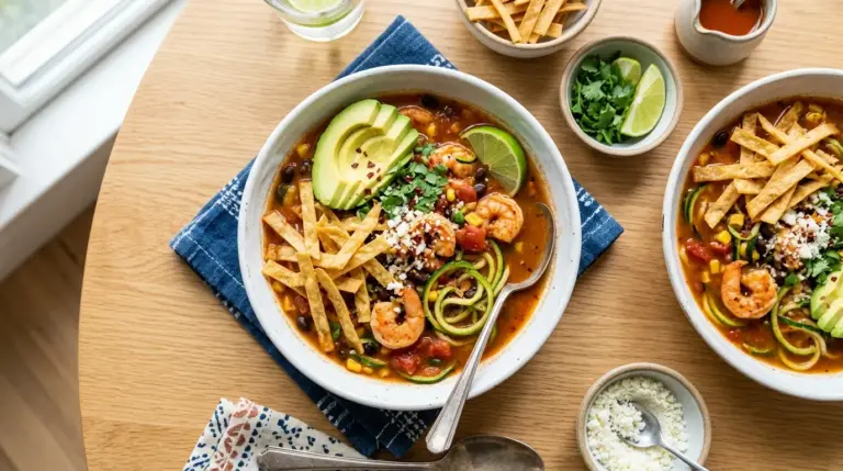 Spicy Shrimp Tortilla Soup with Zucchini Noodles